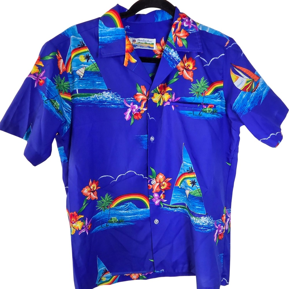 TG Hawaiian Shirt Tropical Floral Rainbow Print Made in Hawaii Button Front